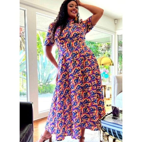 Audrey K NWOT Retro Multi-color Kaleidoscope Maxi Dress Zip-Front Size Medium - Picture 14 of 14